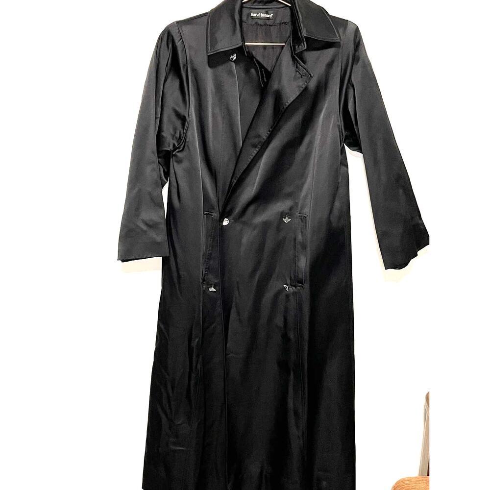 Harve Bernard Black Satin Diamond Design Buttons Trench Coat size 4